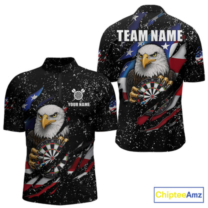 Custom Eagle Darts Jersey For Men, Black Grunge American Flag Patriotic Darts Shirt Polo & 1/4 Zip TDM6405