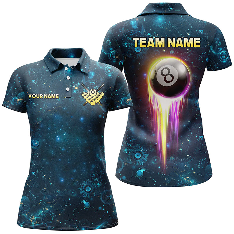 Custom Galaxy Blue Billiard Polo & Quarter-Zip Shirts For Women, Glowing 8 Ball Pool Billiard Attire TDM1676