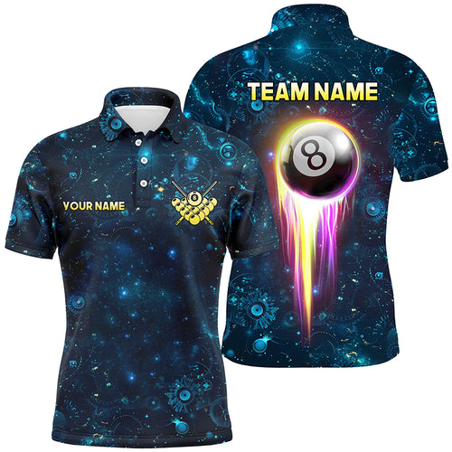 Custom Galaxy Blue Billiard Polo & Quarter-Zip Shirts For Men, Glowing 8 Ball Pool Billiard Attire TDM1676