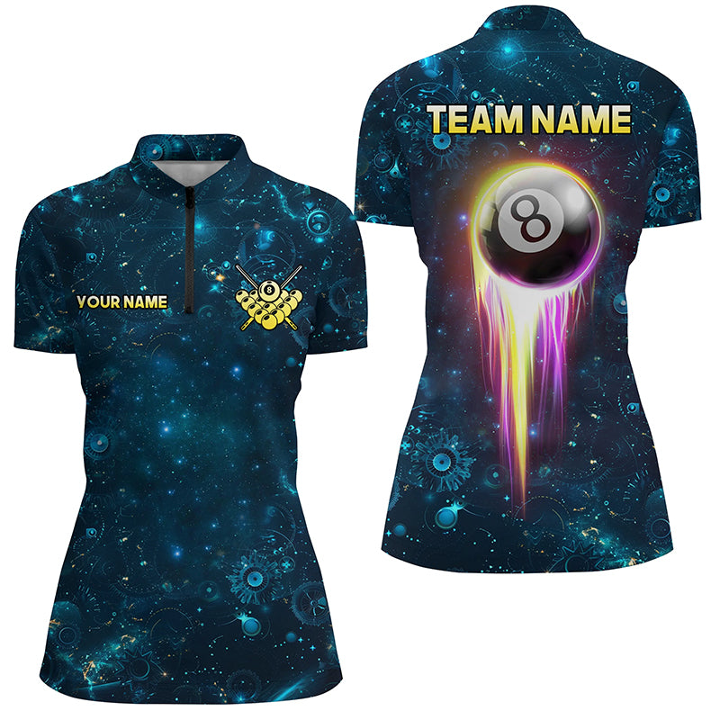 Custom Galaxy Blue Billiard Polo & Quarter-Zip Shirts For Women, Glowing 8 Ball Pool Billiard Attire TDM1676