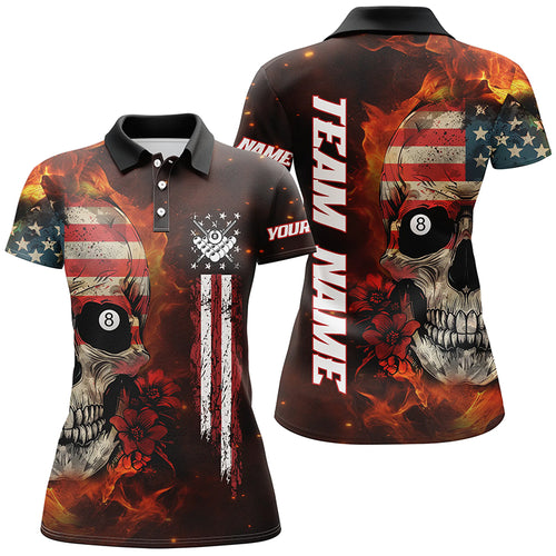 American Flag Skull Fire Billiard Women Polo & Quarter-Zip Shirts Custom Patriotic Billiard Jersey TDM1679