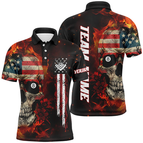 American Flag Skull Fire Billiard Men Polo & Quarter-Zip Shirts Custom Patriotic Billiard Jersey TDM1679
