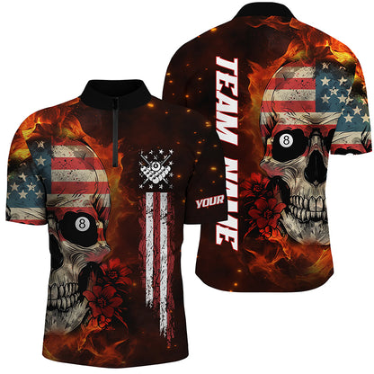 American Flag Skull Fire Billiard Men Polo & Quarter-Zip Shirts Custom Patriotic Billiard Jersey TDM1679