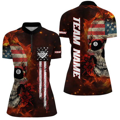 American Flag Skull Fire Billiard Women Polo & Quarter-Zip Shirts Custom Patriotic Billiard Jersey TDM1679