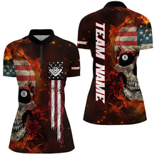 Load image into Gallery viewer, American Flag Skull Fire Billiard Women Polo &amp; Quarter-Zip Shirts Custom Patriotic Billiard Jersey TDM1679