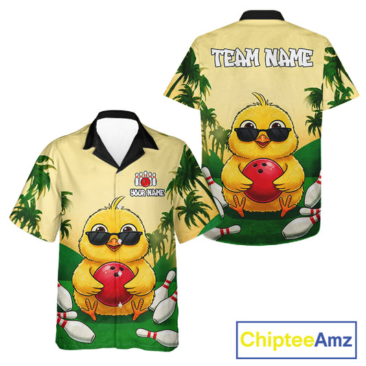 Hawaiian shirt with a cartoon duck holding a bowling ball design, featuring palm trees.