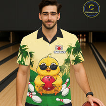 Load image into Gallery viewer, Man wearing a yellow polo shirt with a cartoon chick design in a bowling alley.