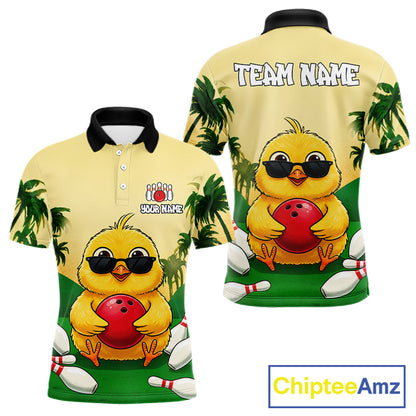 Polo shirt with a cartoon chick holding a bowling ball and sunglasses.
