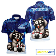 Load image into Gallery viewer, Bowling-themed polo shirt with raccoon design and customizable text.