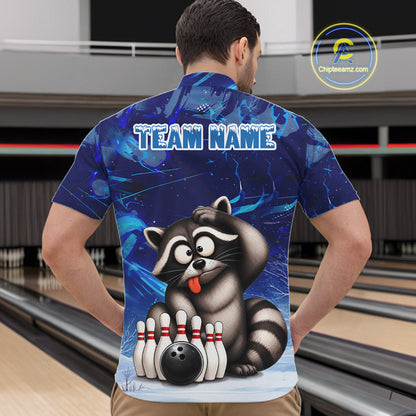 Personalized Blue Funny Raccoon Bowling Shirt For Men Custom Bowling Team Jersey Polo & 1/4 Zip TDM6594