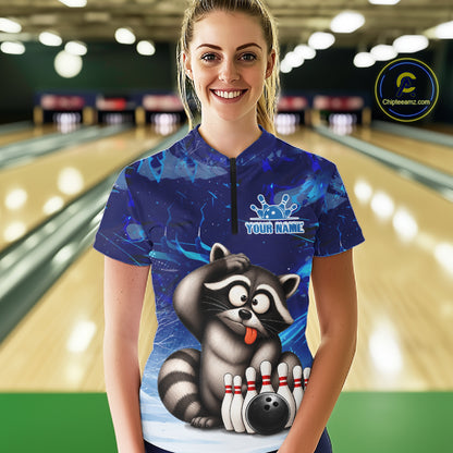 Personalized Blue Funny Raccoon Bowling Shirt For Women Custom Bowling Team Jersey Polo & 1/4 Zip TDM6594