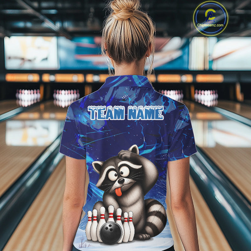 Personalized Blue Funny Raccoon Bowling Shirt For Women Custom Bowling Team Jersey Polo & 1/4 Zip TDM6594