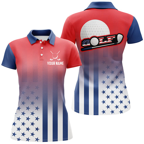 Personalized Patriotic US Flag Womens Golf Polo Shirts, Best 4Th Of July Golf Outfits For Ladies TDM1892