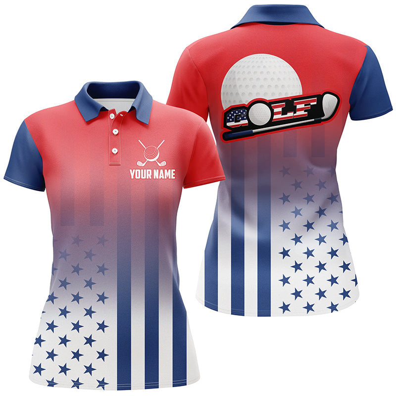 Personalized Patriotic US Flag Womens Golf Polo Shirts, Best 4Th Of July Golf Outfits For Ladies TDM1892