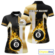 Load image into Gallery viewer, Gold flame 8 ball pool team polo shirt with custom billiard graphics, personalized billiard team jersey.