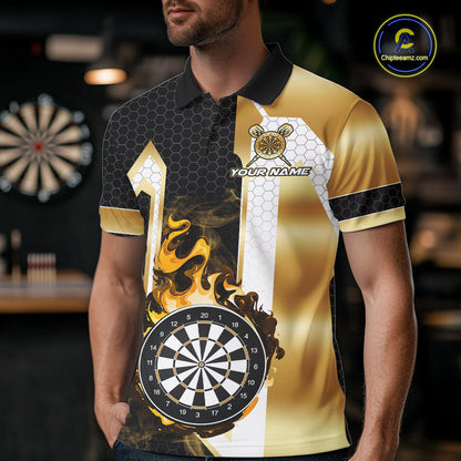 Man wearing a black and gold dartboard flame darts jersey front view, personalized darts team shirt.