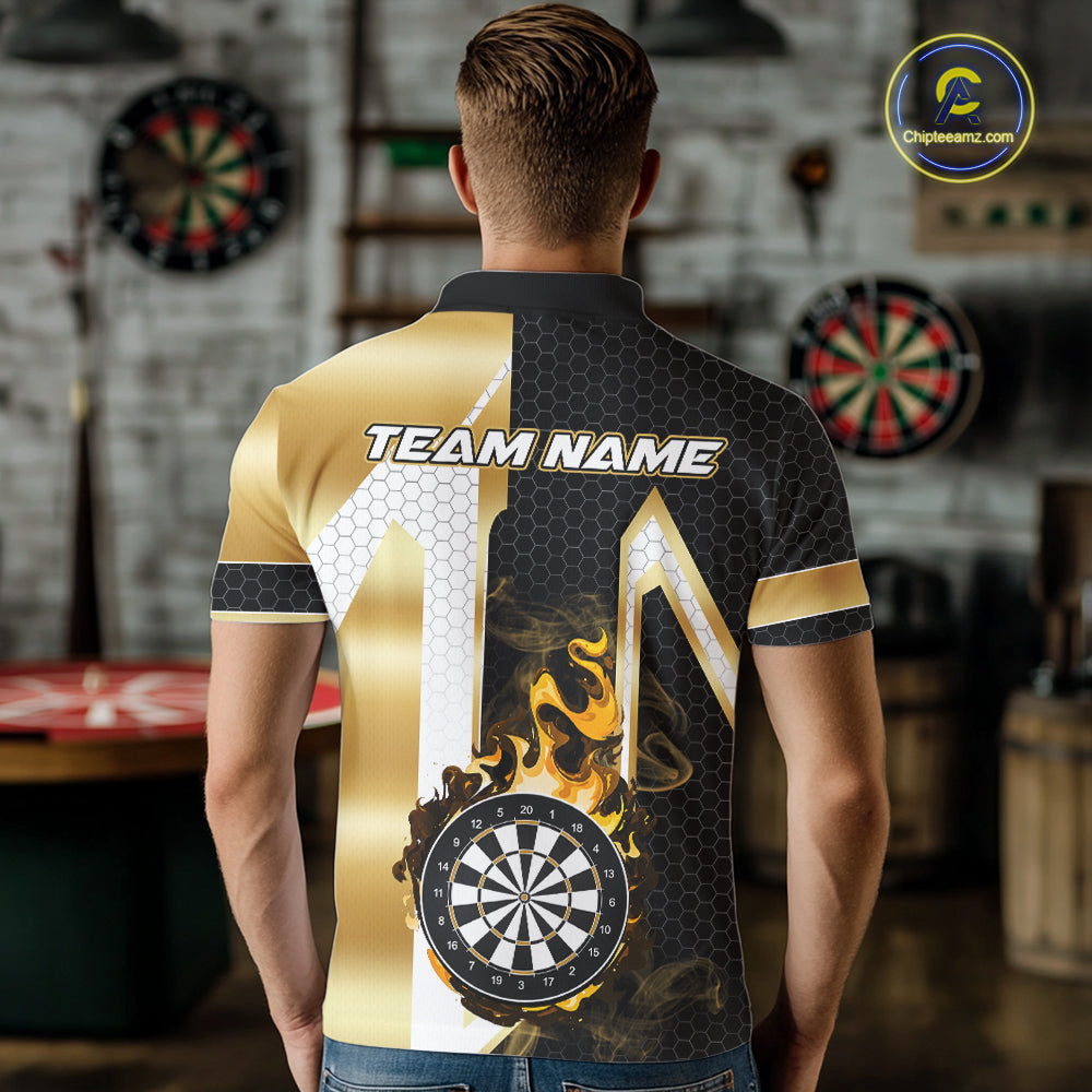 Back view of man wearing a black and gold dartboard flame darts team jersey, custom darts tournament apparel.
