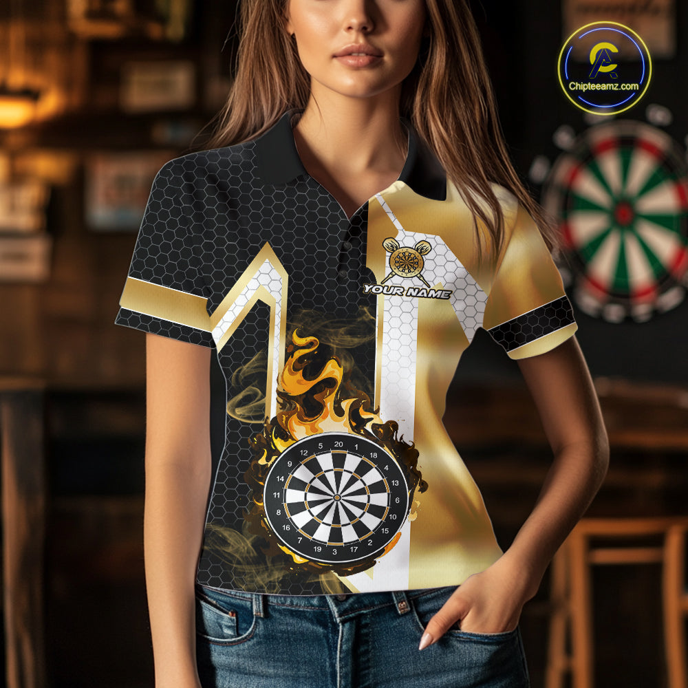 Woman wearing a black and gold dartboard flame darts jersey front view, personalized darts team shirt.