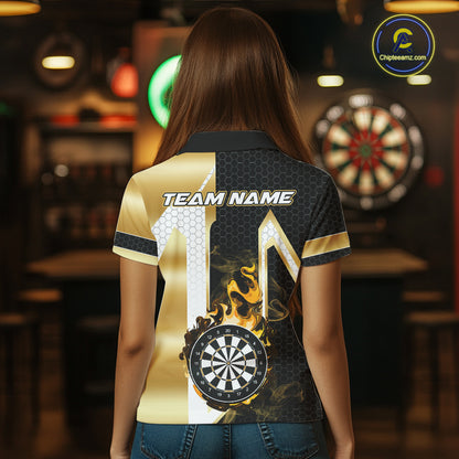 Back view of woman wearing a black and gold dartboard flame darts team jersey, custom darts tournament apparel.