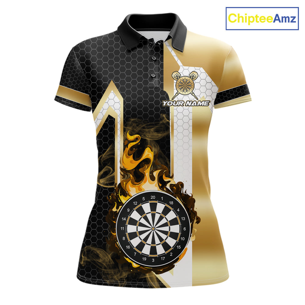 Black and gold dartboard flame custom darts polo shirt for women, personalized darts team jersey for league tournaments.