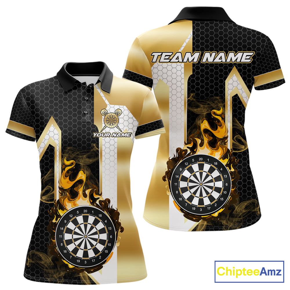 Black and gold dartboard flame darts team polo shirt for women with custom tournament graphics.