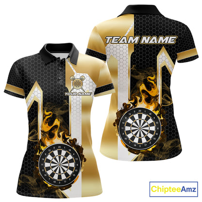 Black and gold dartboard flame darts team polo shirt for women with custom tournament graphics.