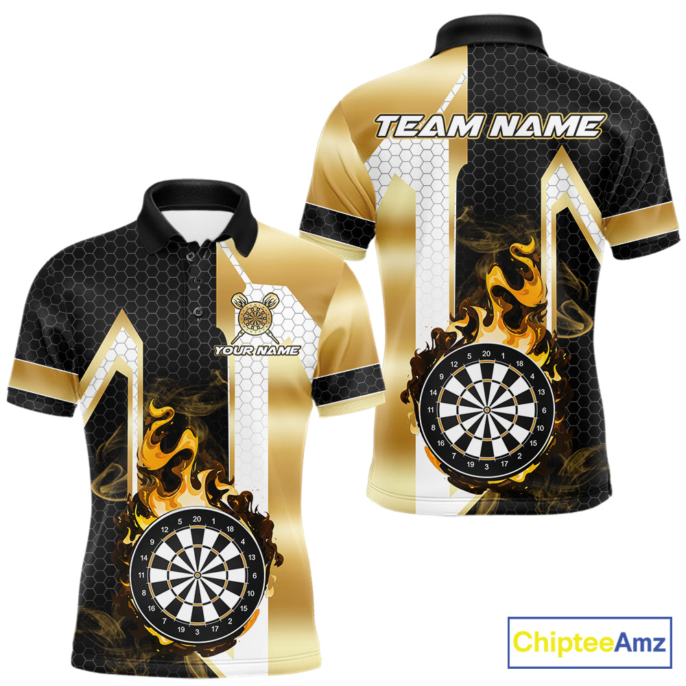Black and gold dartboard flame darts team polo shirt for men with custom tournament graphics.