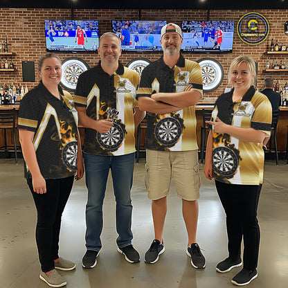 Darts team wearing matching black and gold dartboard flame custom darts jerseys front view.