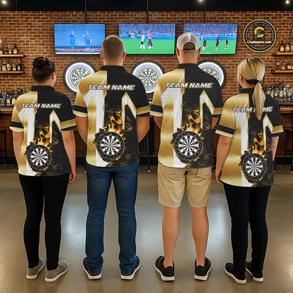 Back view of darts team wearing matching black and gold dartboard flame darts shirts.