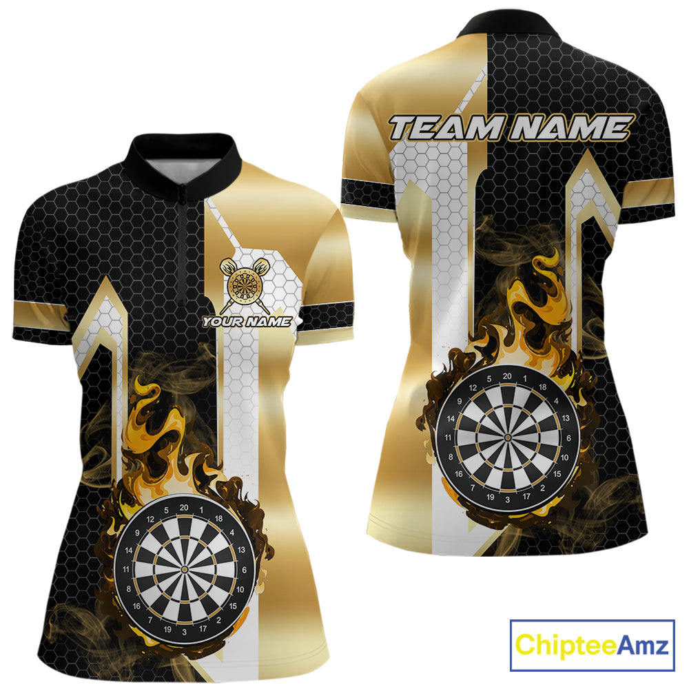 Black and gold dartboard flame quarter zip darts shirt for women, custom darts team jersey and league apparel.