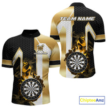 Load image into Gallery viewer, Black and gold dartboard flame quarter zip darts shirt for men, custom darts team jersey and league apparel.