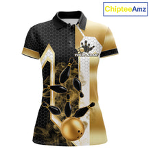 Load image into Gallery viewer, Black and gold smoke bowling pin custom bowling polo shirt for women, personalized bowling team jersey for league tournaments.