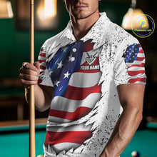 Load image into Gallery viewer, Man wearing a white grunge American flag 8 ball custom billiard jersey front view, personalized pool team shirt.