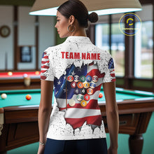 Load image into Gallery viewer, Back view of woman wearing a white grunge American flag 8 ball billiard team jersey, custom pool tournament shirt.