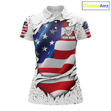 Load image into Gallery viewer, White grunge American flag 8 ball custom billiard polo shirt for women, personalized pool team jersey for tournaments.