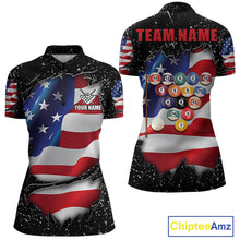 Load image into Gallery viewer, Black grunge American flag 8 ball quarter zip billiard shirt for women, custom pool team jersey and tournament apparel.
