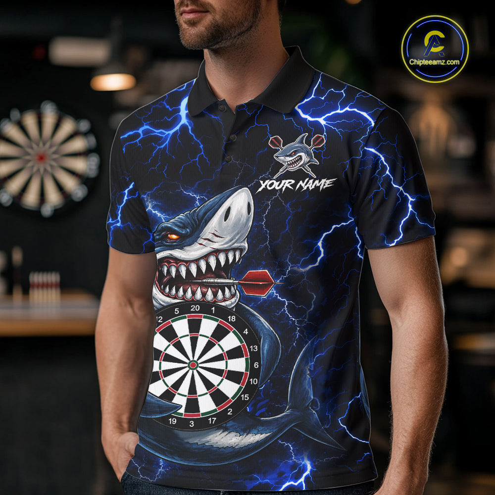 Man Wearing Personalized Blue Thunder Lightning Shark Darts Polo Shirt with Athletic Performance Fit and Bold Shark Lightning Graphic, Front View