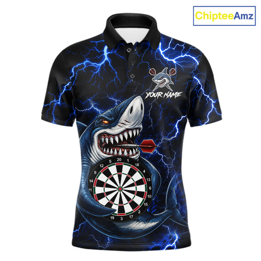 Personalized Blue Thunder Lightning Shark Darts Polo Shirt Featuring a Powerful Shark Design with Electric Lightning Effects for Dart League Players, Team Competition, and Tournament Events