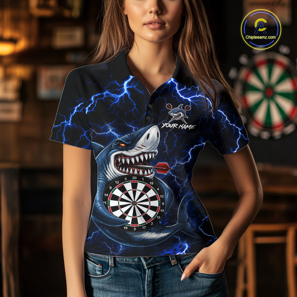 Woman Wearing Personalized Blue Thunder Lightning Shark Darts Polo Shirt with Athletic Performance Fit and Bold Shark Lightning Graphic, Front View
