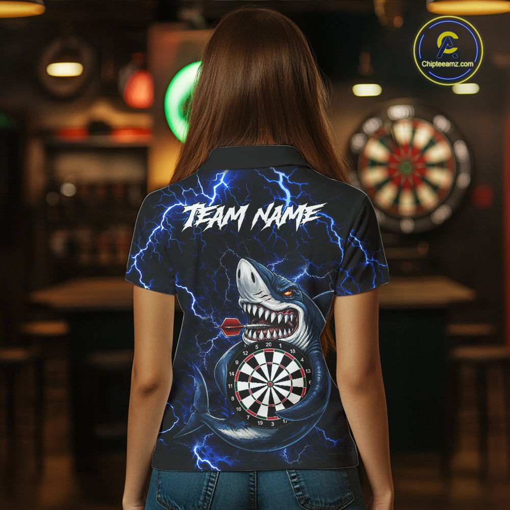 Woman Wearing Personalized Blue Thunder Lightning Shark Custom Darts League Team Jersey Featuring the Complete Rear Graphic Design, Back View