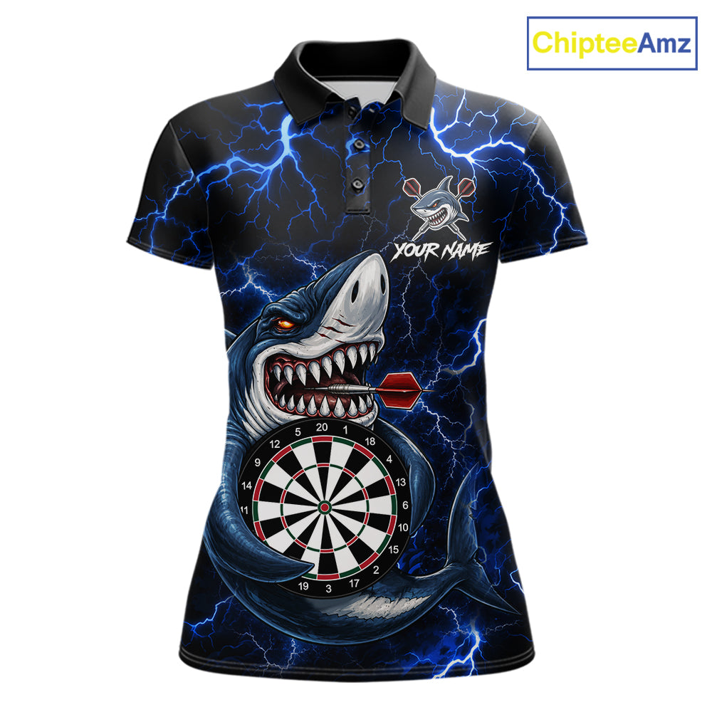 Personalized Blue Thunder Lightning Shark Darts Polo Shirt Featuring a Powerful Shark Design with Electric Lightning Effects for Dart League Players, Team Competition, and Tournament Events