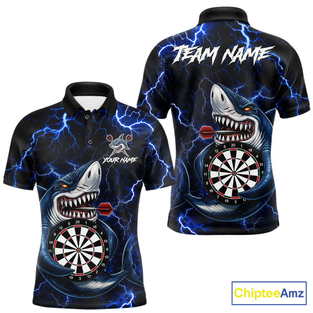 Custom Blue Thunder Lightning Shark Darts Polo Shirt Designed for Personalized Darts League Team Jerseys with Dynamic Artwork, Athletic Performance, and Professional Style
