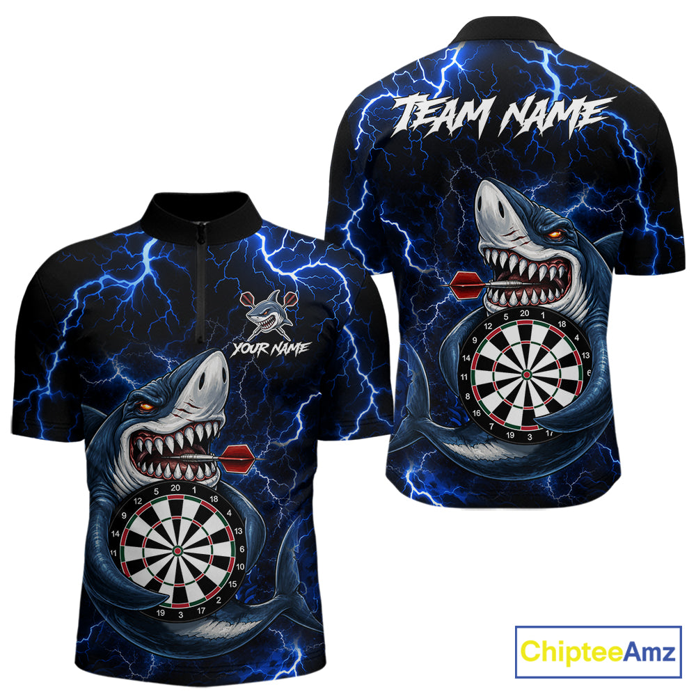 Personalized Blue Thunder Lightning Shark Quarter Zip Darts Shirt Created for Competitive Dart League Teams with Premium Performance Fabric and Tournament Ready Comfort