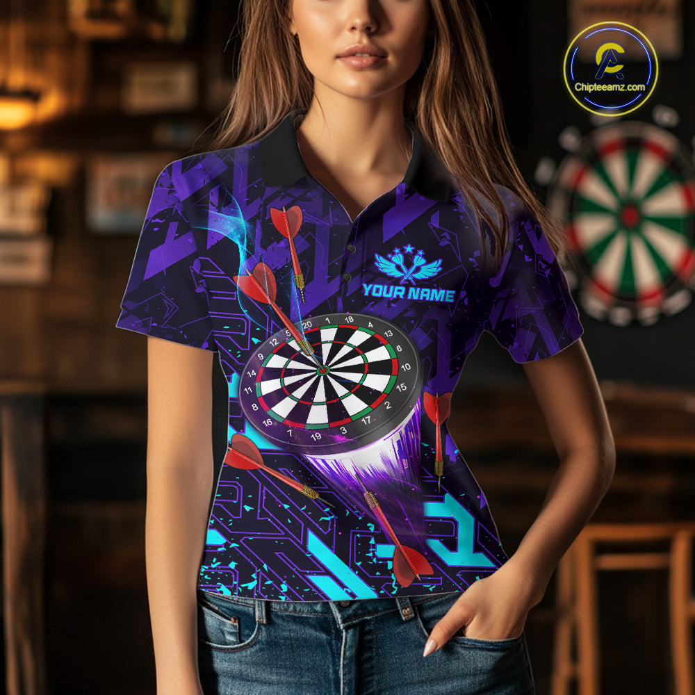 Woman Wearing Personalized Glowing Purple Blue Abstract Darts Polo Shirt with Athletic Performance Fit and Bold Abstract Graphic Artwork, Front View
