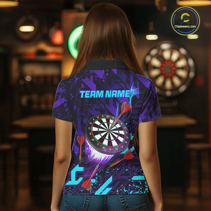Woman Wearing Personalized Glowing Purple Blue Abstract Custom Darts League Team Jersey Featuring the Complete Rear Artwork, Back View