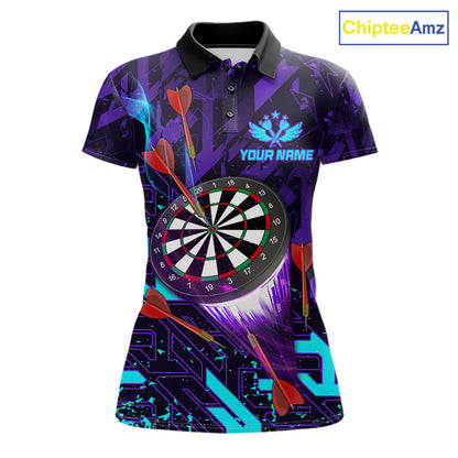 ersonalized Glowing Purple Blue Abstract Darts Polo Shirt Featuring Vibrant Abstract Artwork for Dart League Players, Team Competition, and Tournament Events