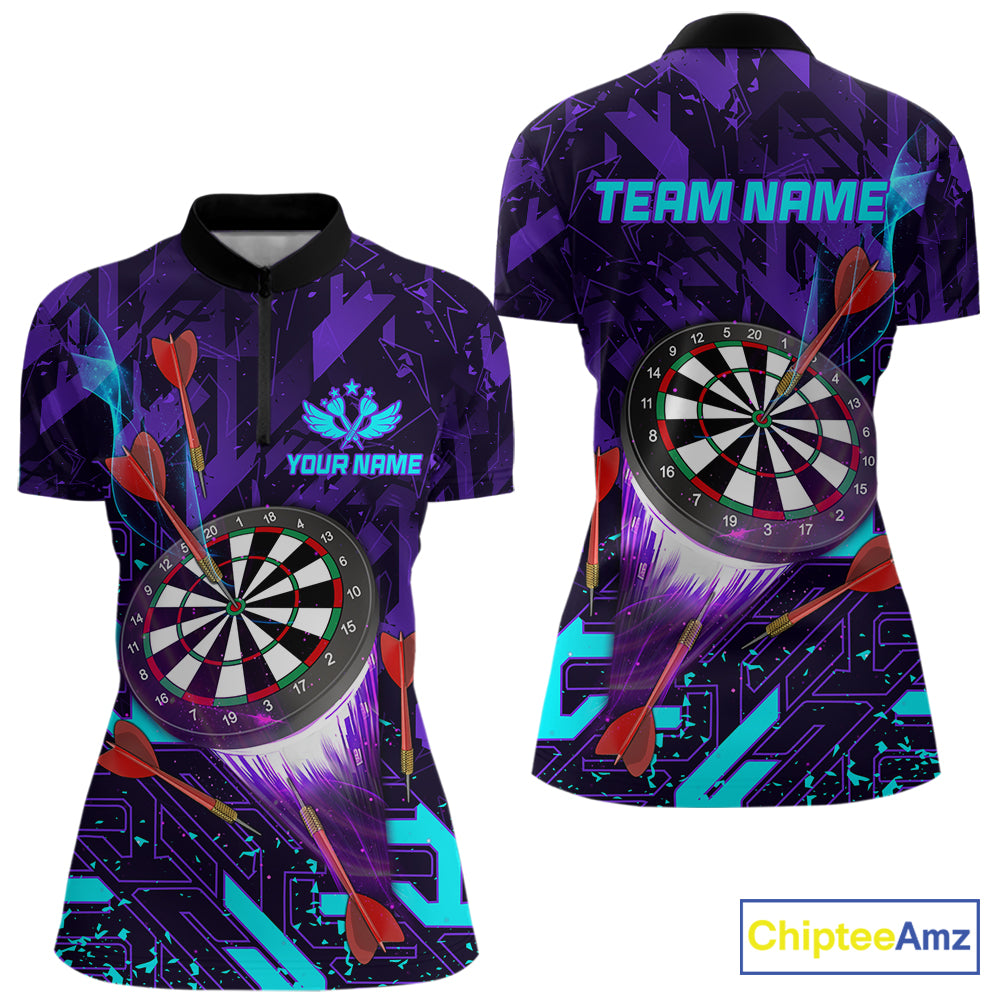 Personalized Glowing Purple Blue Abstract Quarter Zip Darts Shirt Created for Competitive Dart League Teams with Performance Fabric and Tournament Ready Design