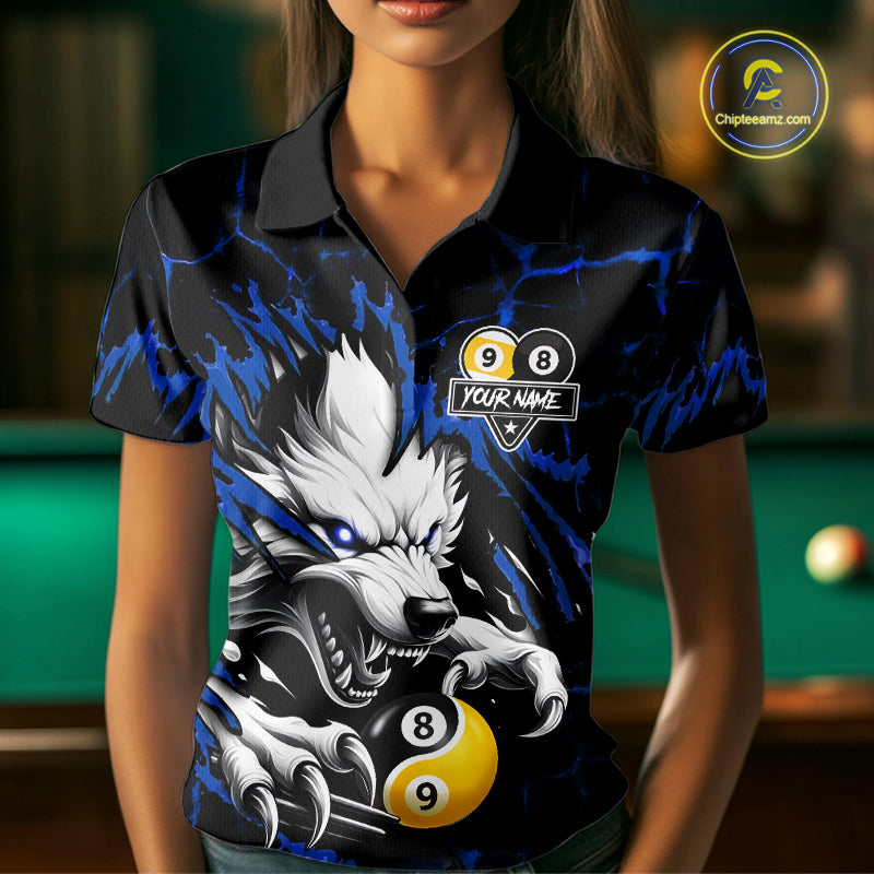 Personalized Wolf Yinyang 8 Ball & 9 Ball Billiard Shirt For Women Custom Pool Team Jersey|Blue TDM7334
