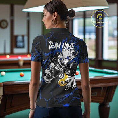 Personalized Wolf Yinyang 8 Ball & 9 Ball Billiard Shirt For Women Custom Pool Team Jersey|Blue TDM7334