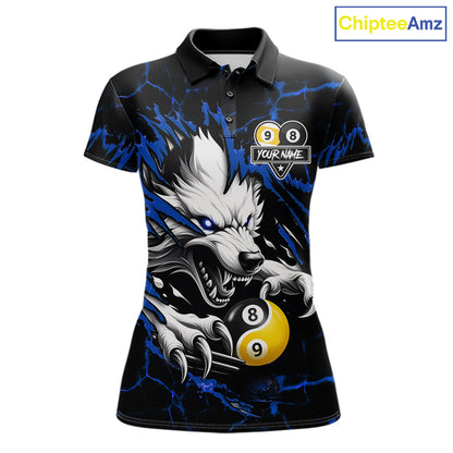 Personalized Wolf Yinyang 8 Ball & 9 Ball Billiard Shirt For Women Custom Pool Team Jersey|Blue TDM7334